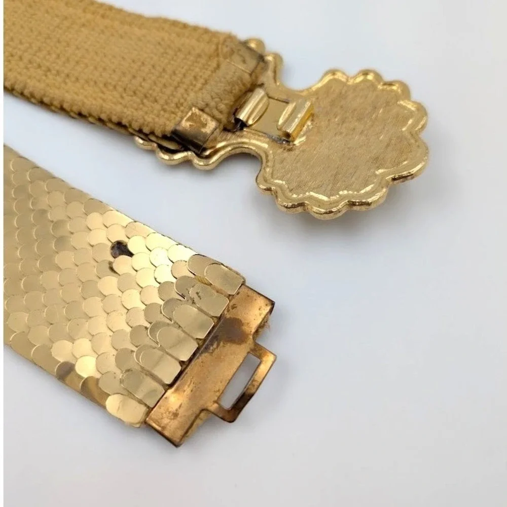 VTG Accessocraft Gold Tone Belt Fish Scale Sequins Metal‎ Ornate Buckle Etruscan